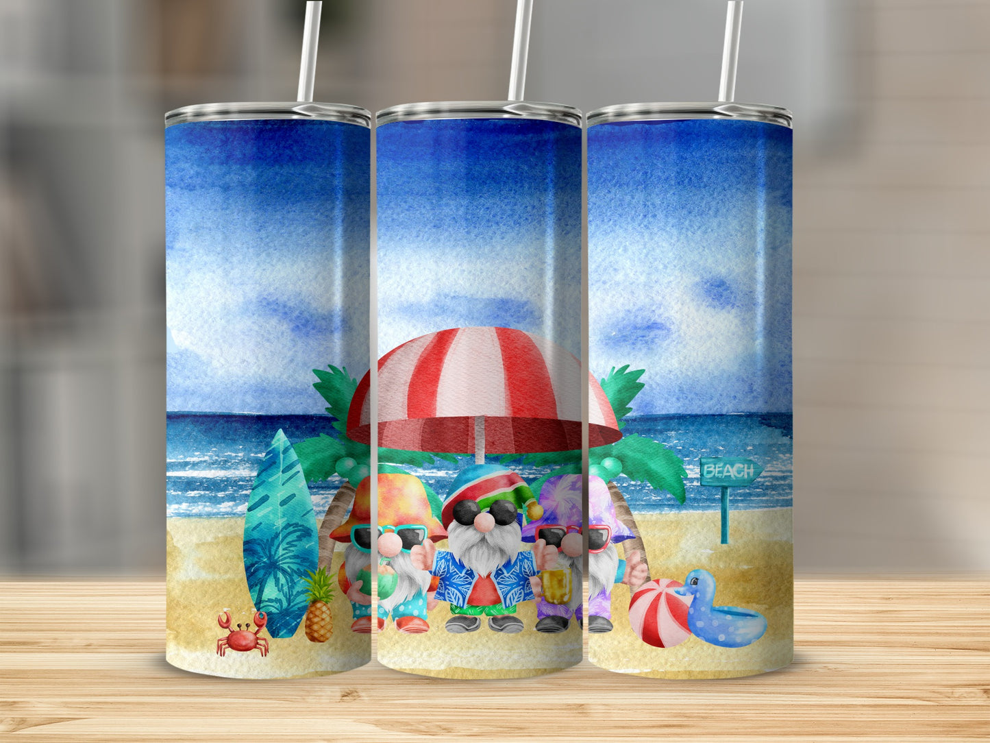 Three gnomes with sunglasses and hats holding drinks on a beach under an umbrella.