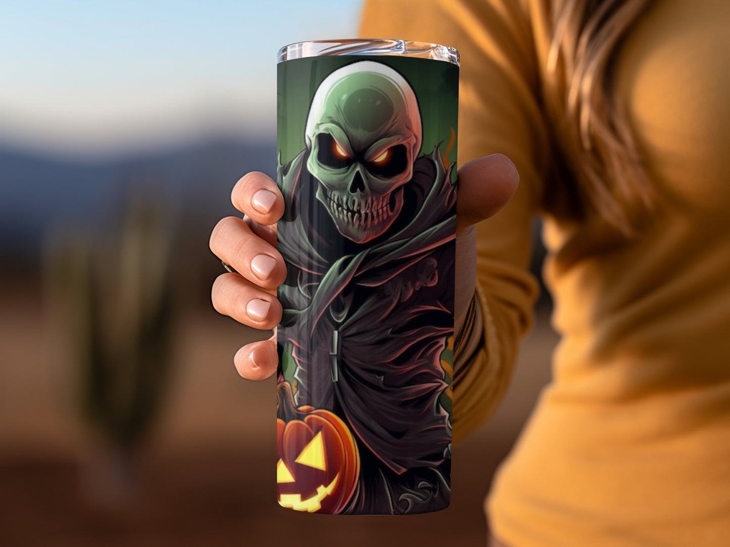 Spooky Skull and Pumpkin Halloween Tumbler artwork