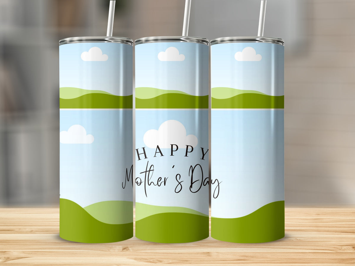 Three tumblers with a sky and rolling green hills design, one with "Happy Mother's Day" text.