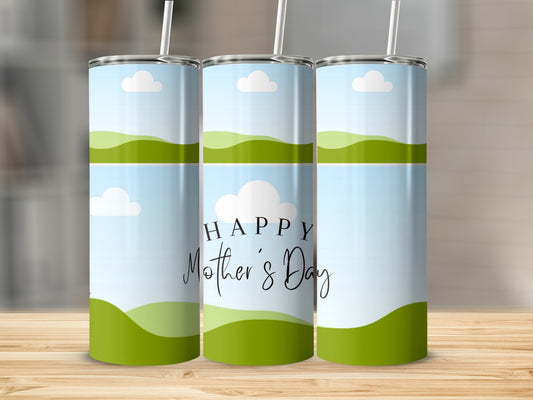 Three tumblers with a sky and rolling green hills design, one with "Happy Mother's Day" text.