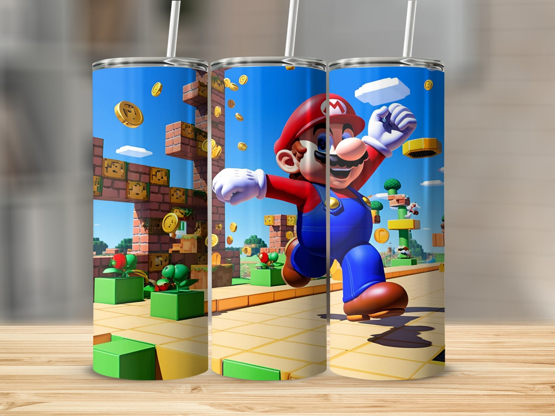 Mario running through a video game level with coins and blocks.