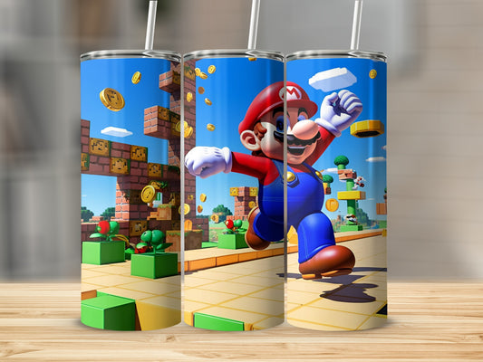 Mario running through a video game level with coins and blocks.