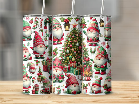 Three tumblers featuring cute gnomes, presents, and a Christmas tree.