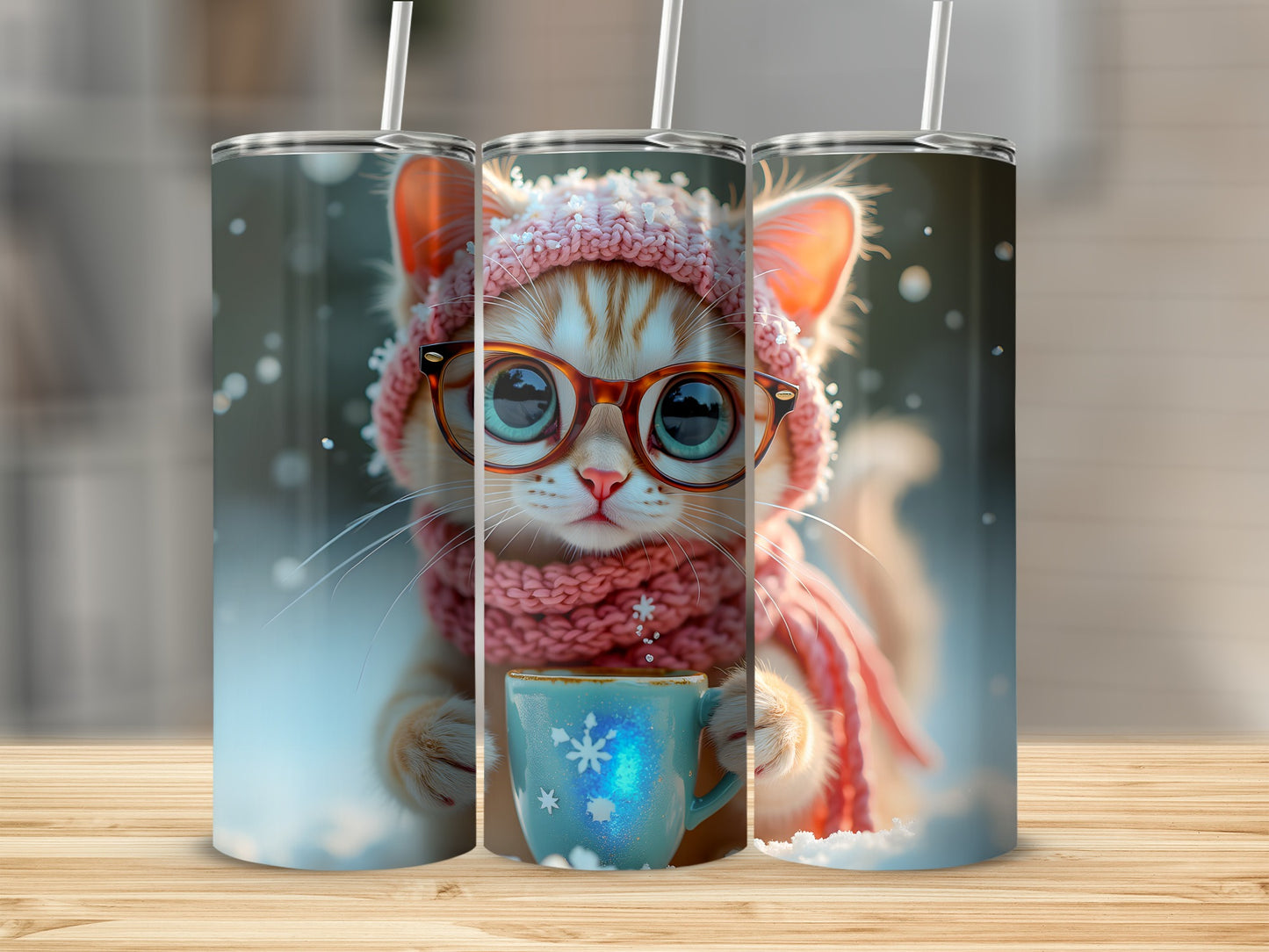 Ginger cat wearing glasses and a knit hat holding a blue mug.