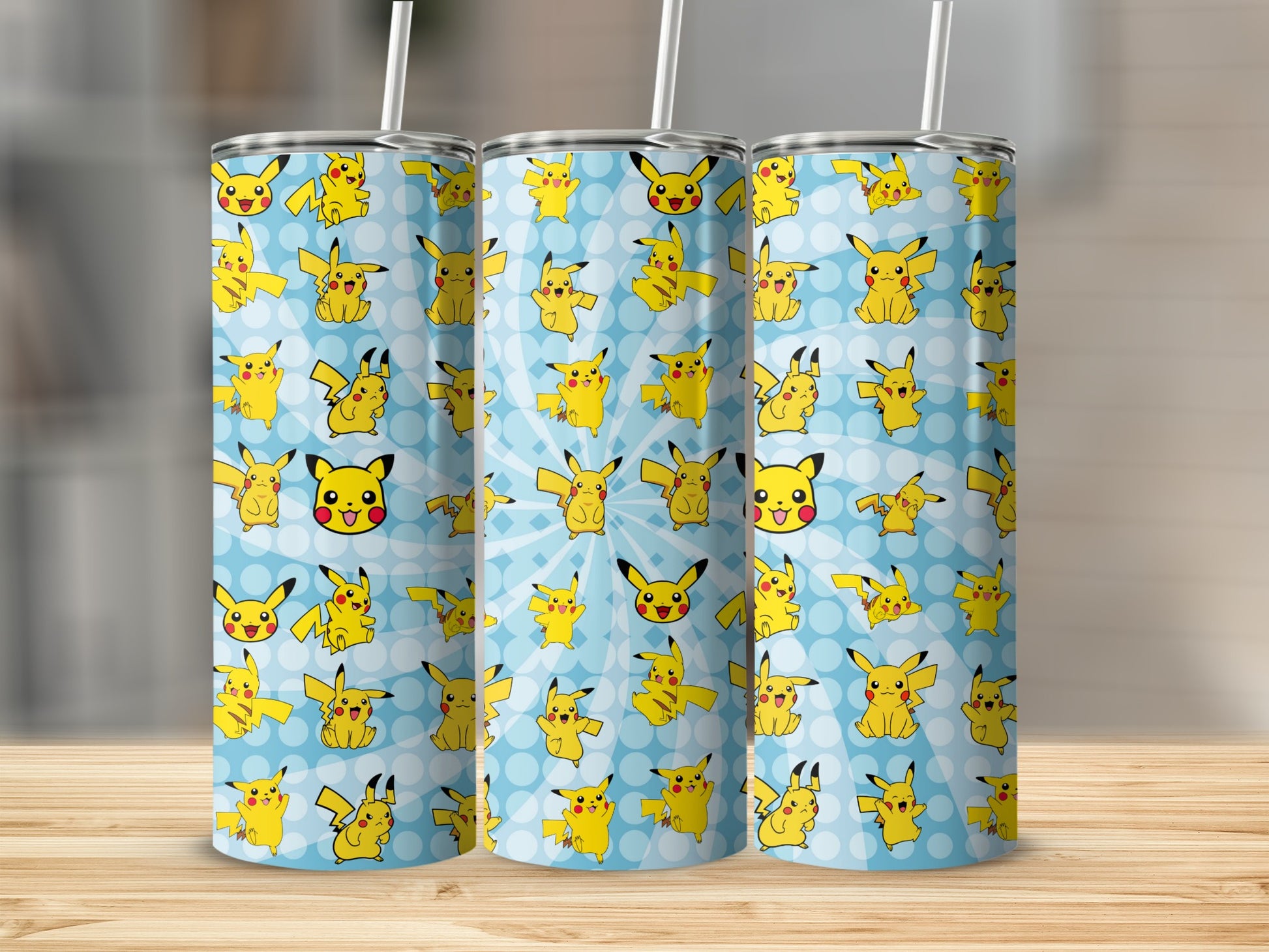 Pikachu Patterned Blue Background Custom Tumbler