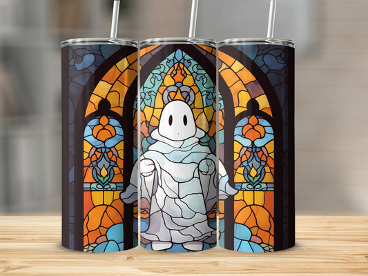 Ghost in stained glass design on a skinny tumbler.