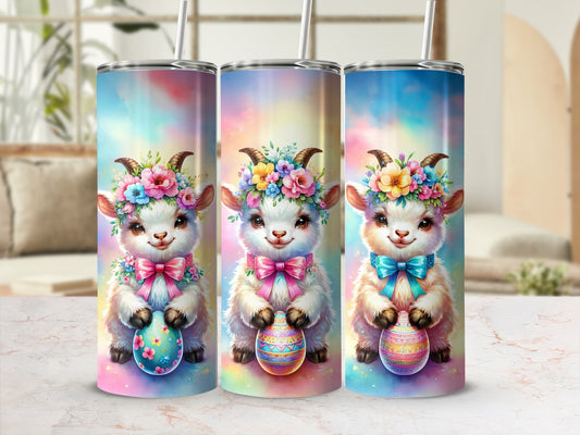 Three smiling goats wearing flower crowns and holding Easter eggs.