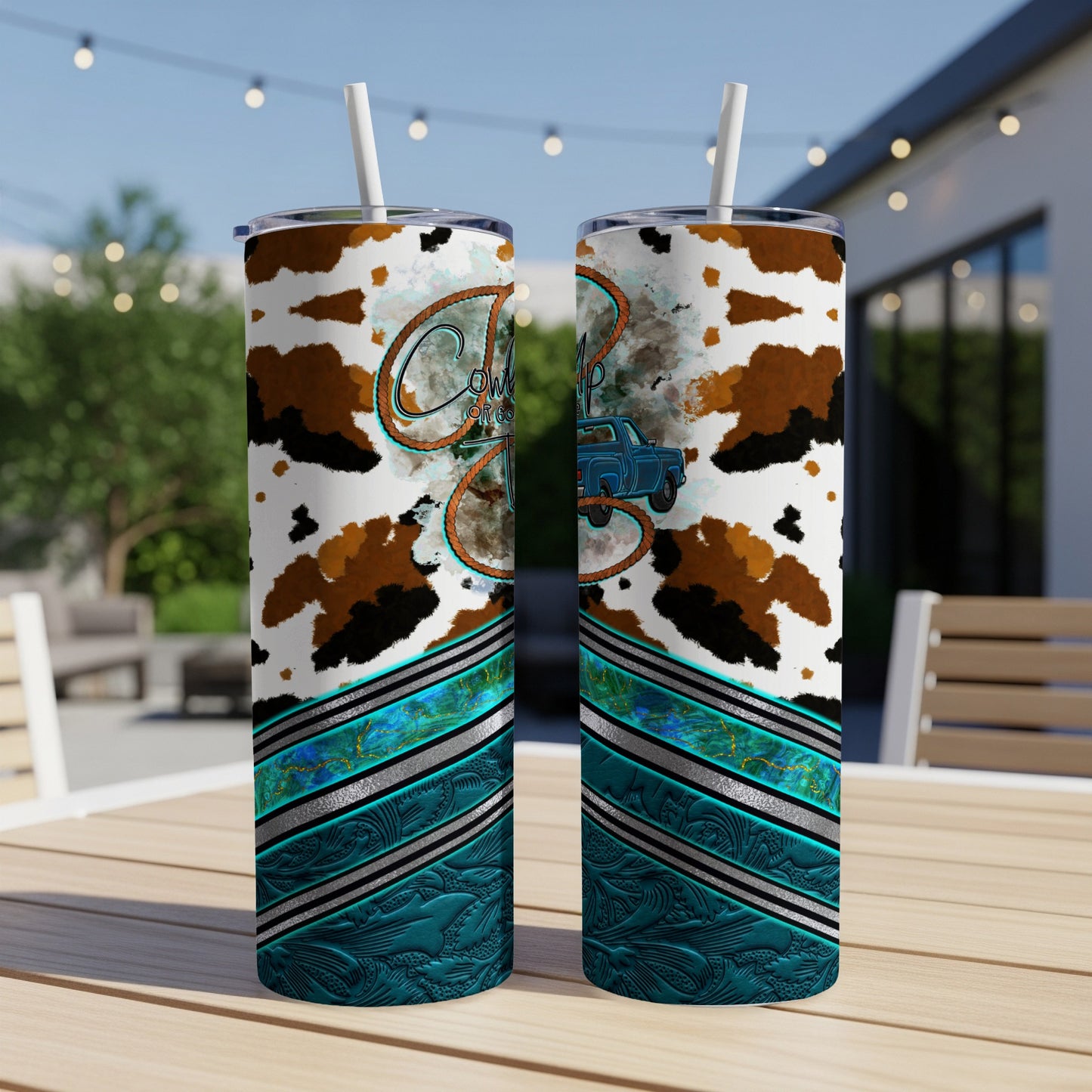 Two tumblers with cow print, turquoise accents, and a blue truck graphic.