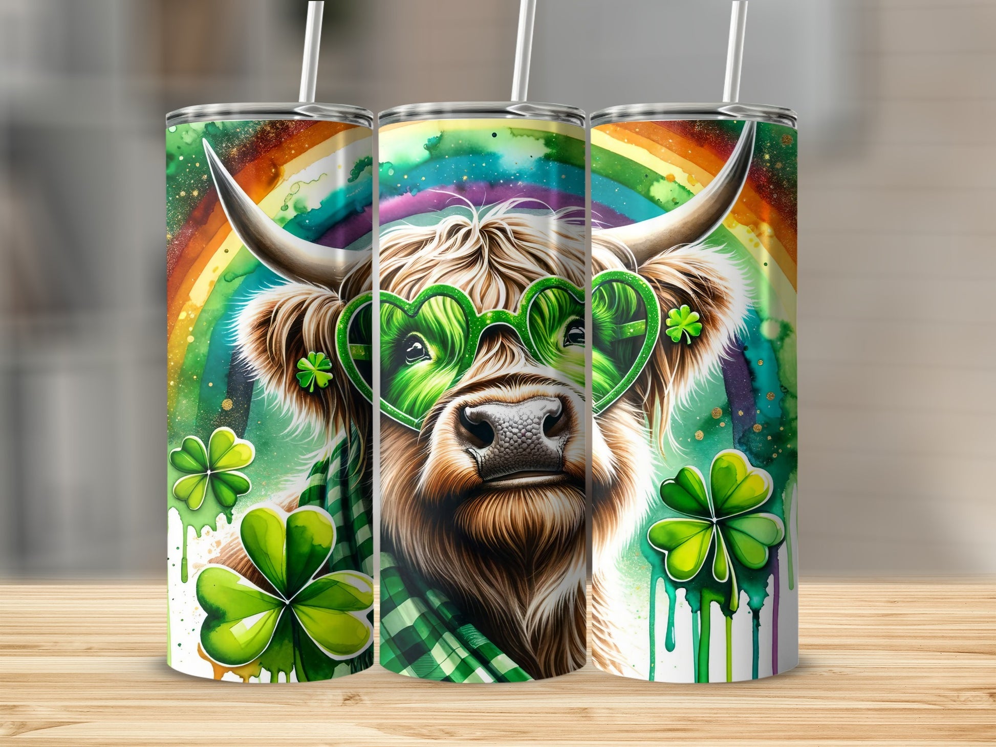 Highland cow wearing heart-shaped glasses with shamrocks and a rainbow.