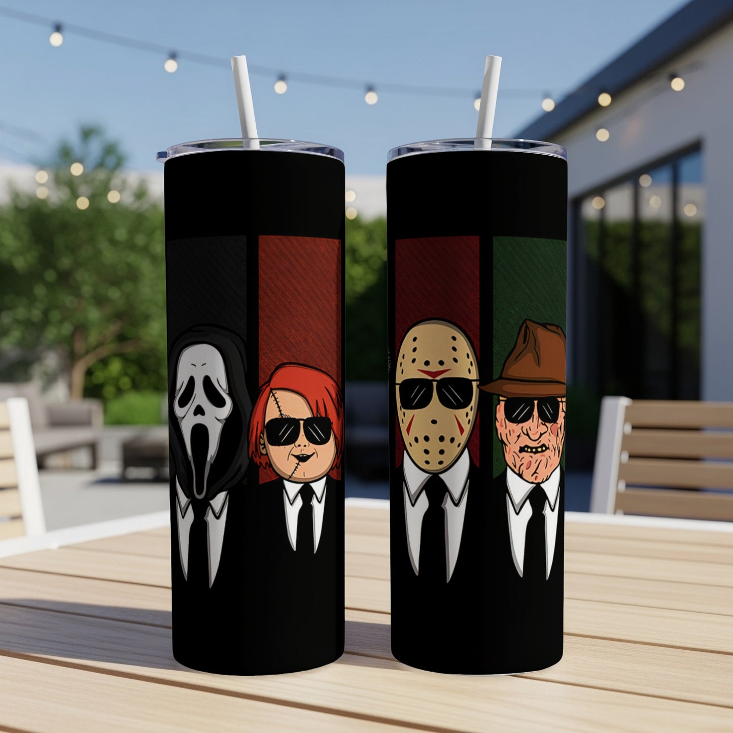 Two tumblers featuring horror icons: Ghostface, Chucky, Jason Voorhees, and Freddy Krueger.