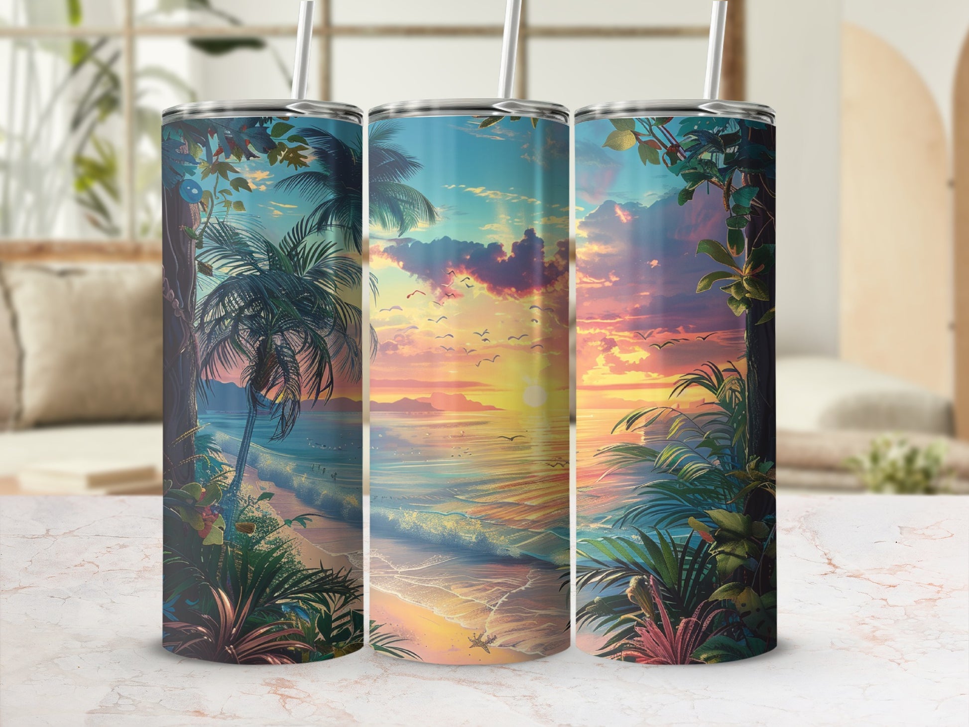 Tropical beach sunset with palm trees and birds on a patterned tumbler.