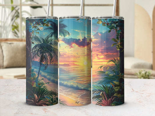 Tropical beach sunset with palm trees and birds on a patterned tumbler.