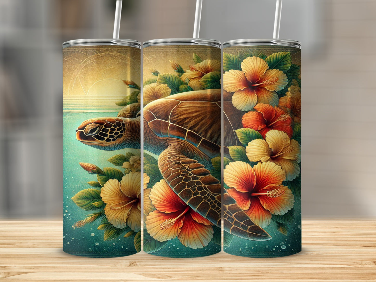 Colorful Sea Turtle with Hibiscus Tumbler Cup