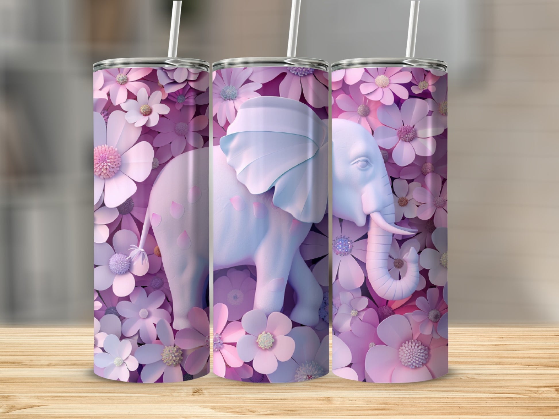 Pale purple elephant surrounded by pink and white flowers.