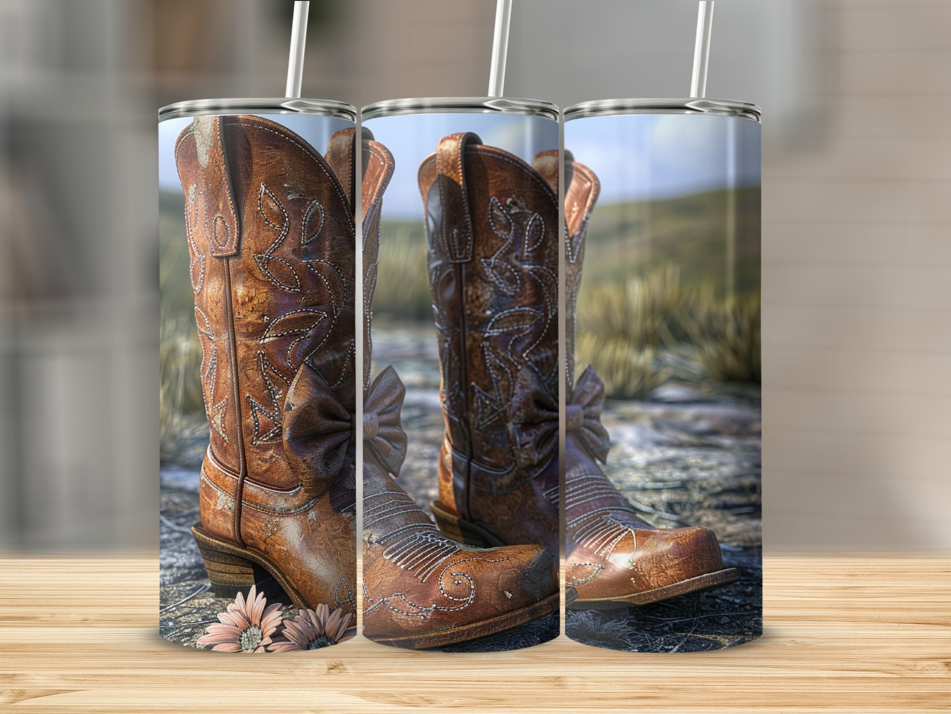 Cowboy boots with floral accents on a wooden surface.