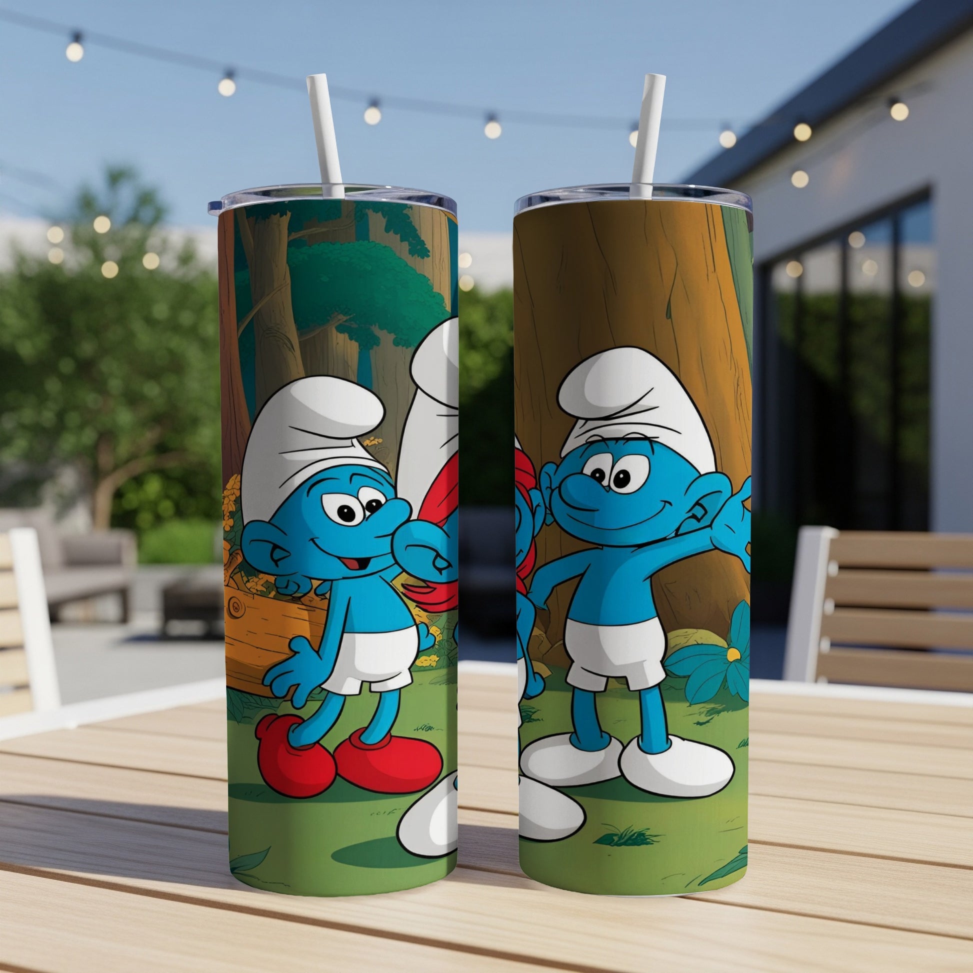 Two Smurfs stand on a wooden table in front of a forest background.