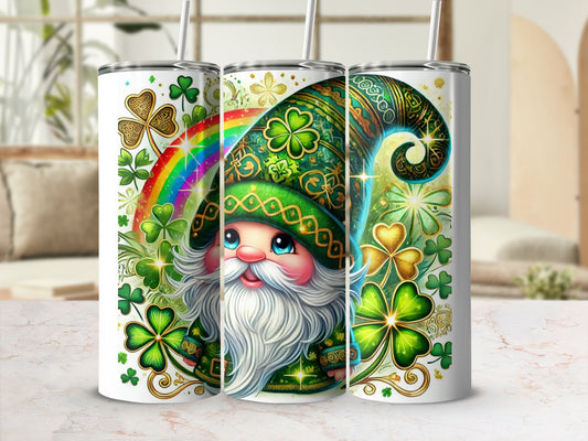White tumbler with a Saint Patrick's Day gnome, shamrocks, and a rainbow.