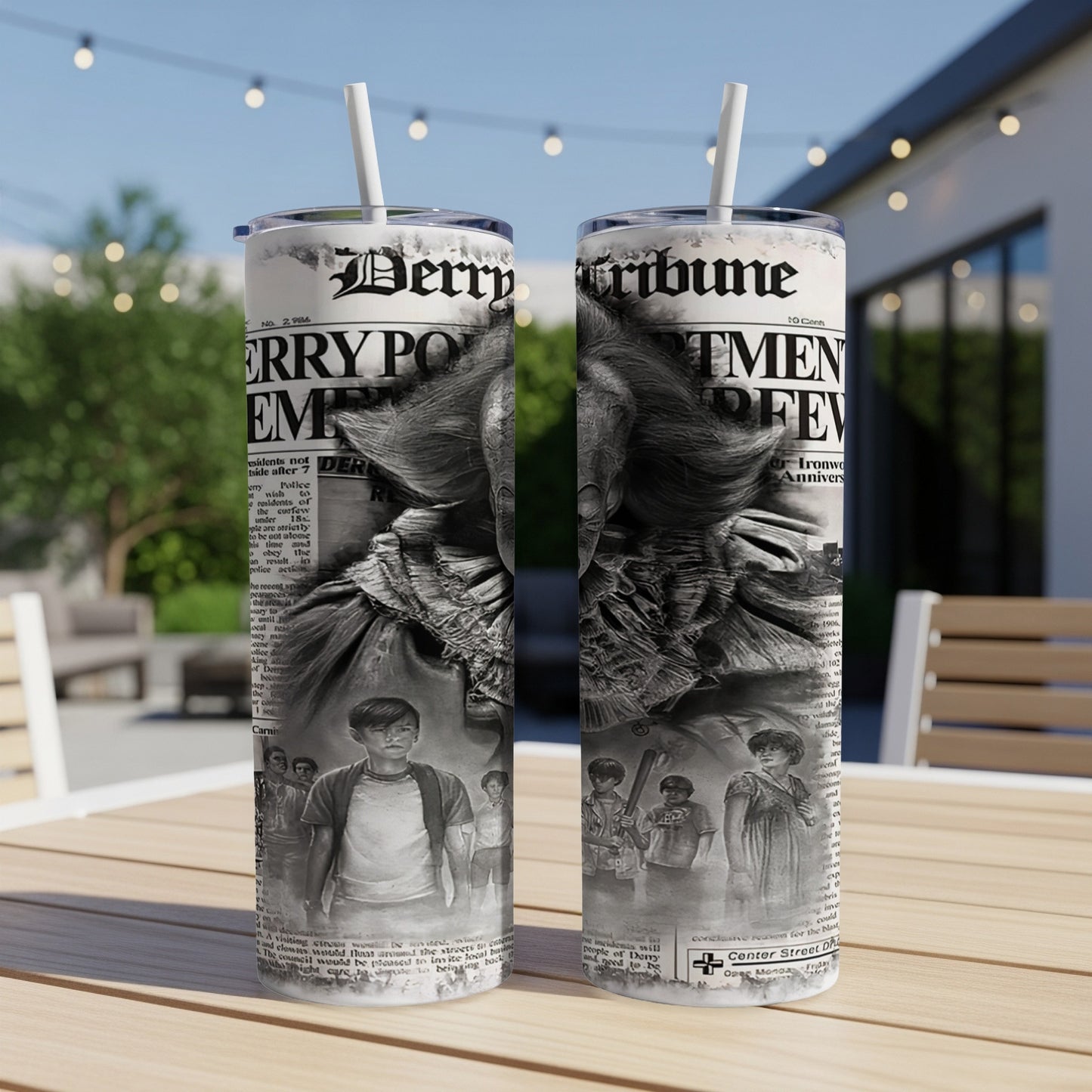Two tumblers with black and white artwork of Pennywise and children.