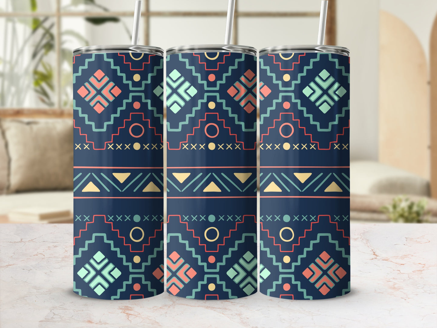 Geometric Pattern Navy Blue Tumbler with Straw