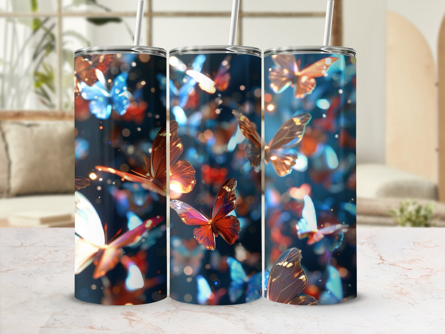Three tumblers with iridescent butterflies and bokeh background.