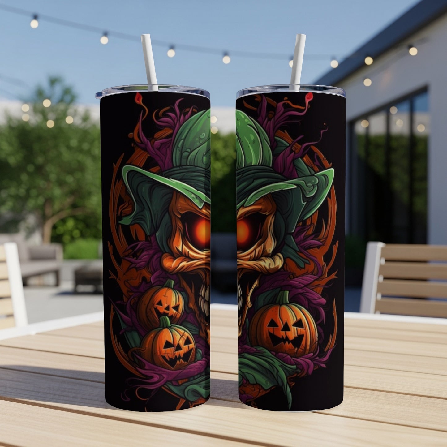 Two tumblers feature a spooky Halloween design with a skull and pumpkins.