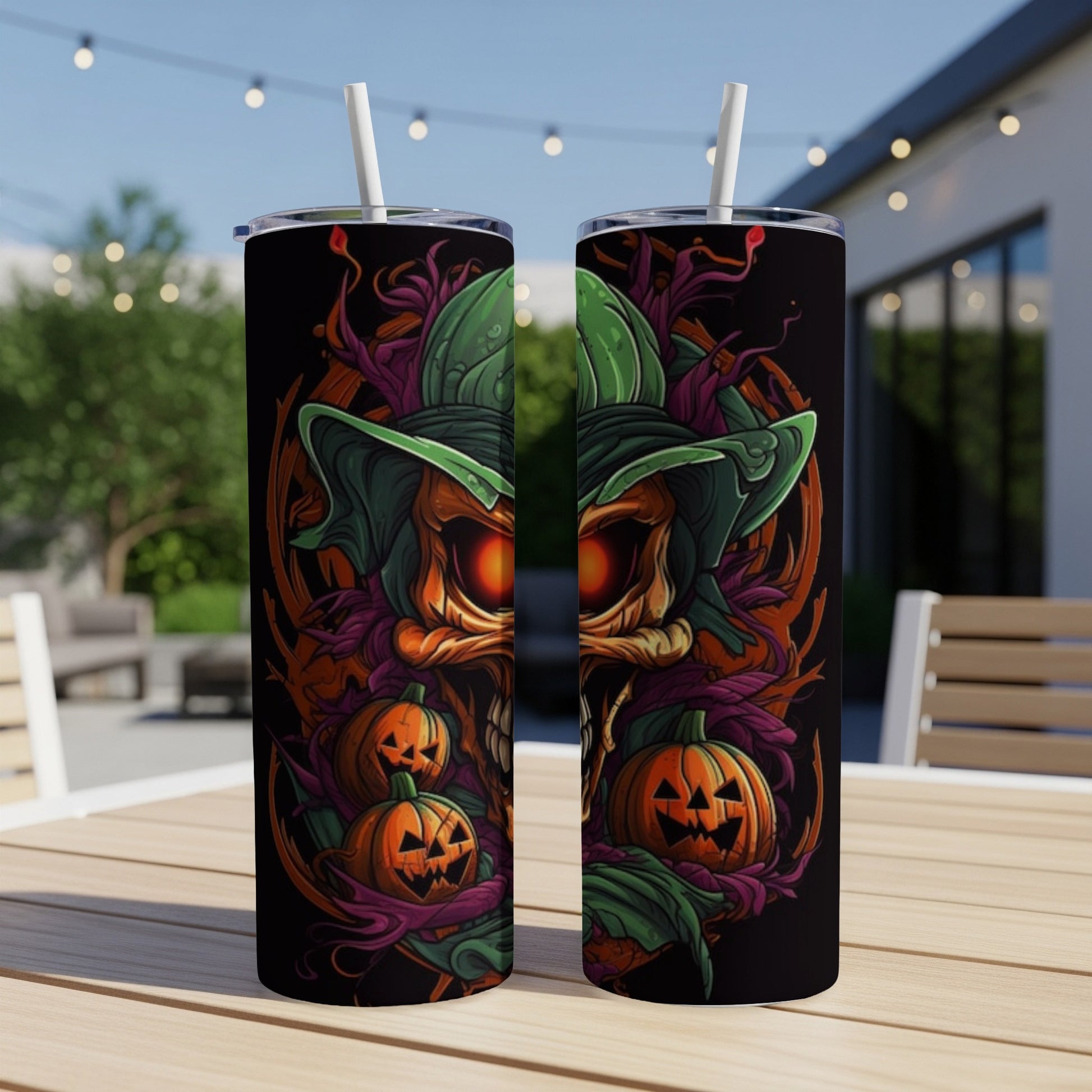 Two tumblers feature a spooky Halloween design with a skull and pumpkins.