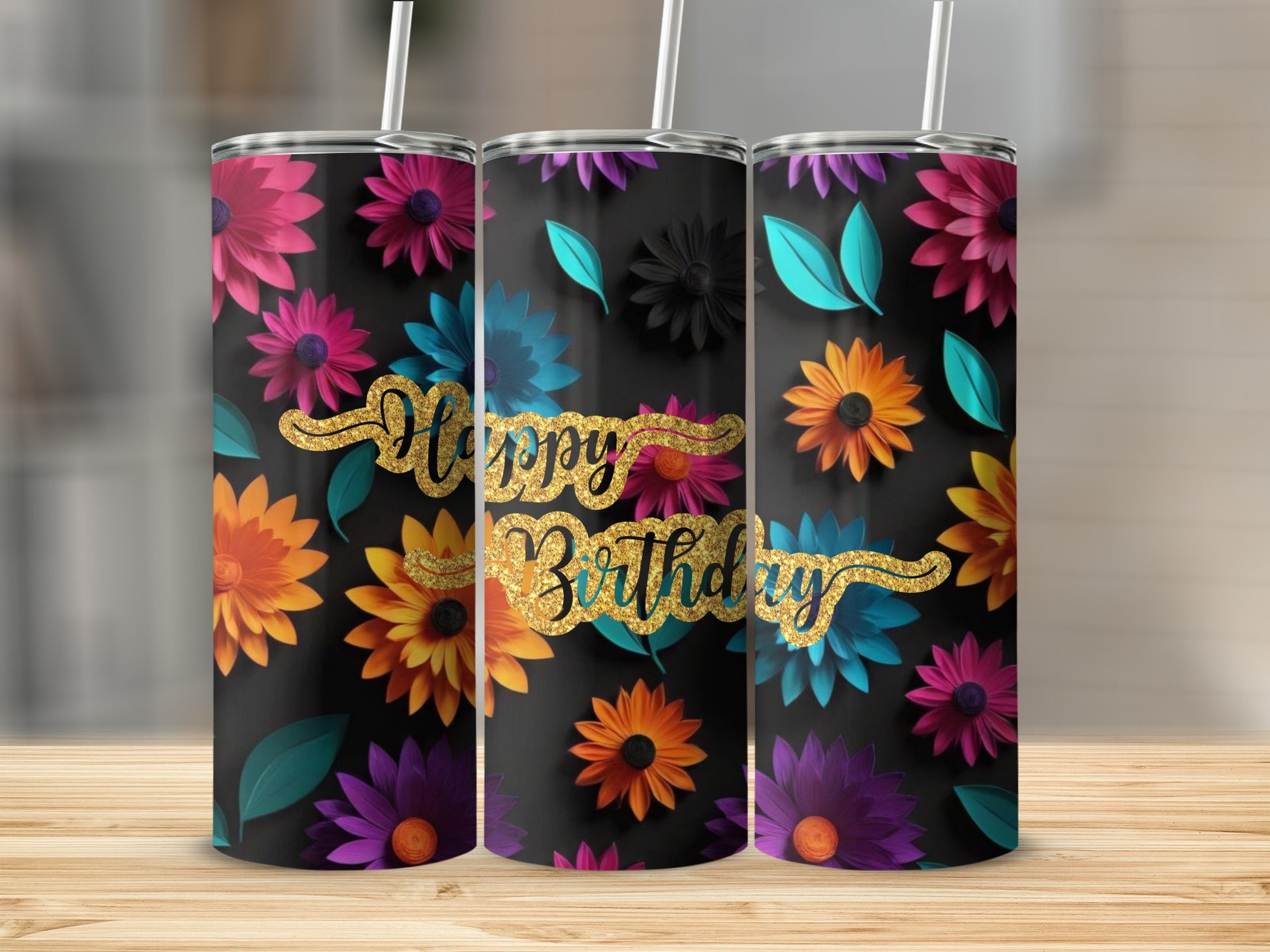 Three tumblers with colorful floral patterns and "Happy Birthday" text.