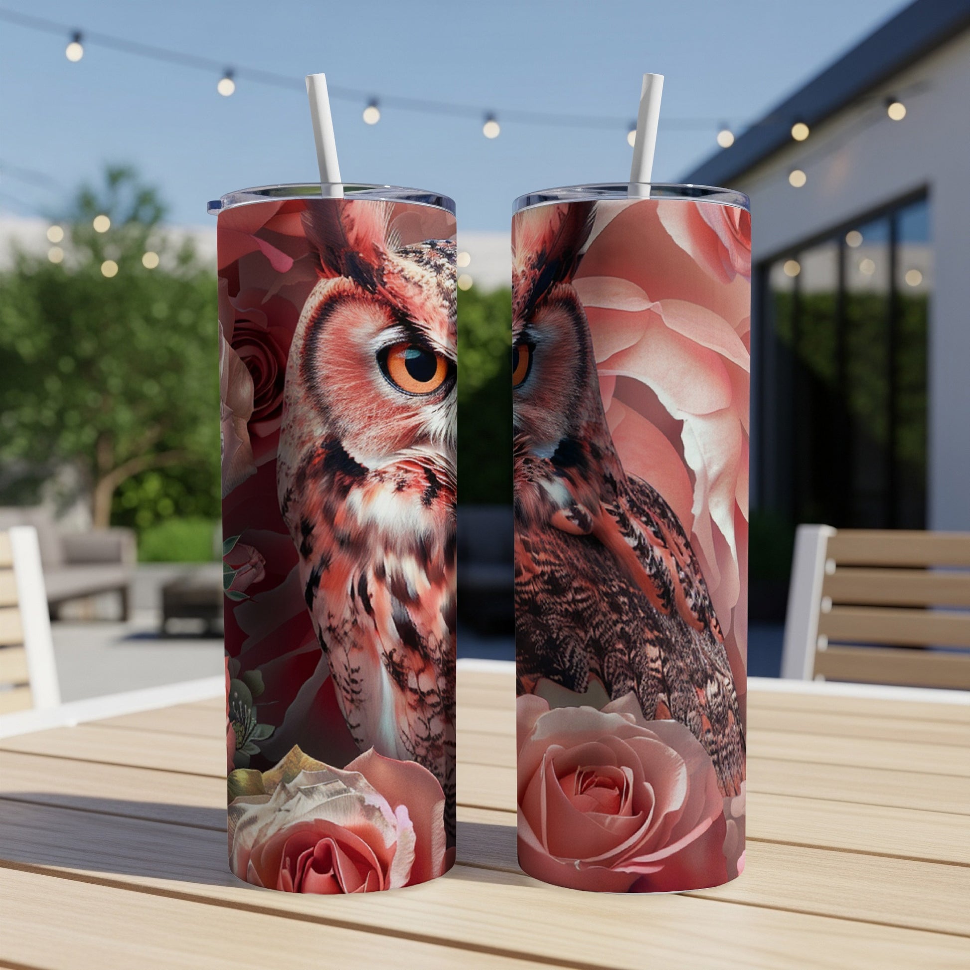 Owl and roses design on two insulated tumblers outdoors.