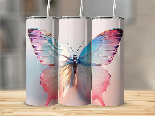 Three tumblers featuring a large iridescent butterfly design.