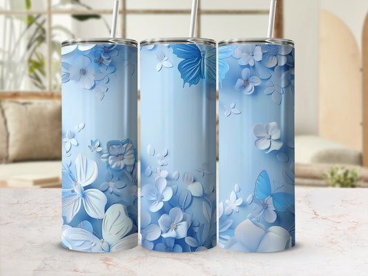 Light blue tumbler with butterfly and floral 3D embossed design.