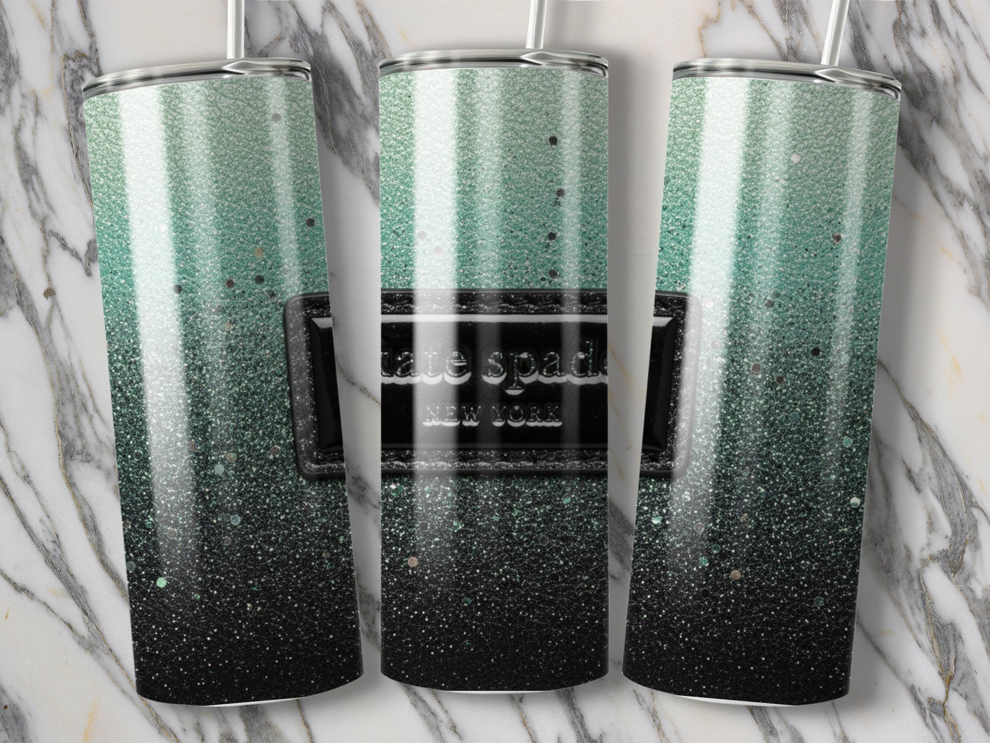 Kate Spade Inspired New York Green Black Sparkle Design Tumblers