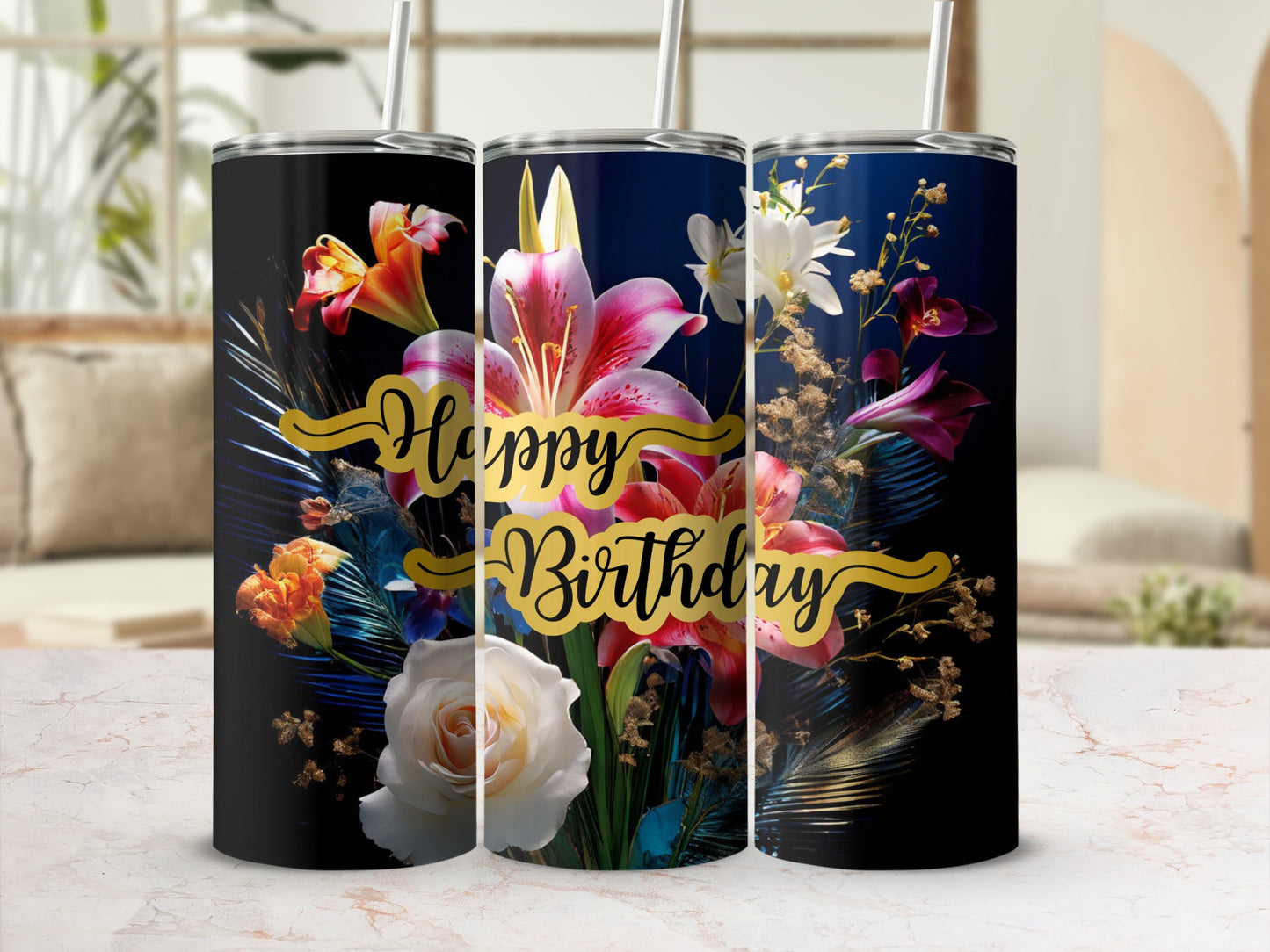 Happy Birthday tumbler with floral and abstract design.