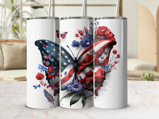 Three tumblers featuring a patriotic butterfly design with flowers.