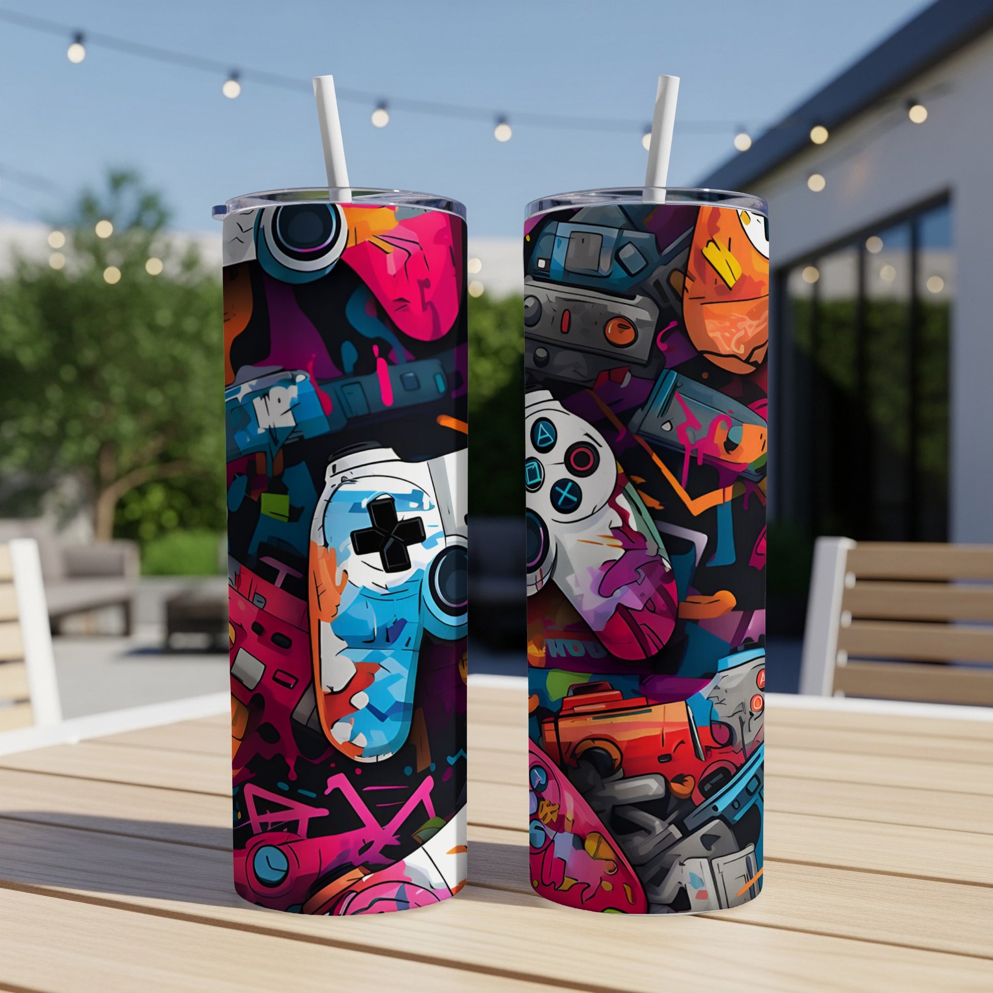 Two tumblers with colorful video game controller and graphic designs.