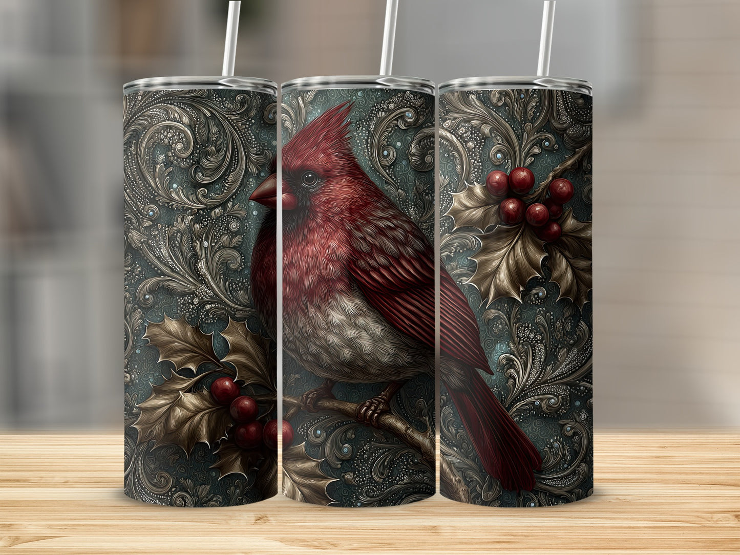 Cardinal Bird and Holly Berries Insulated Tumbler