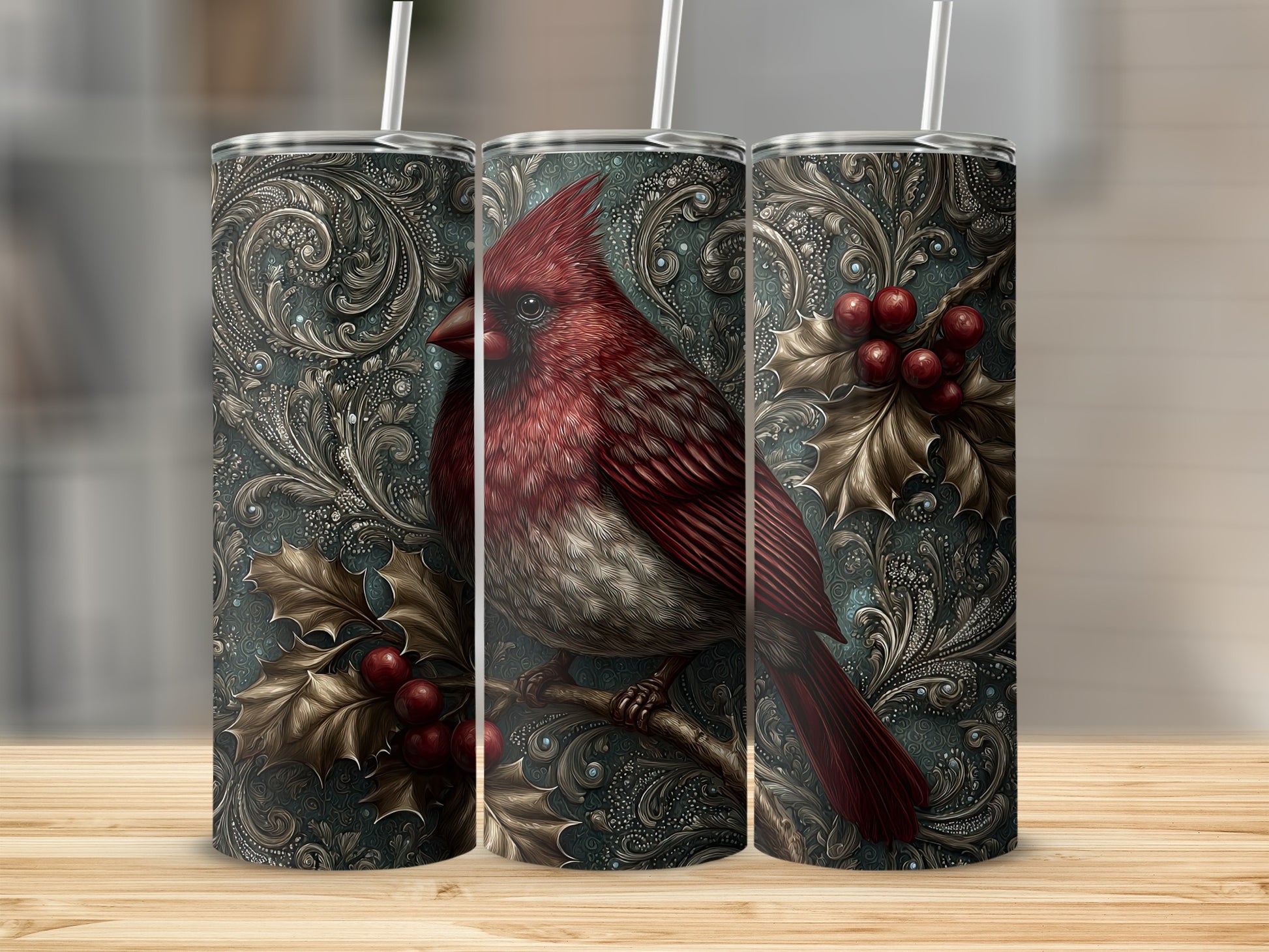 Cardinal Bird and Holly Berries Insulated Tumbler