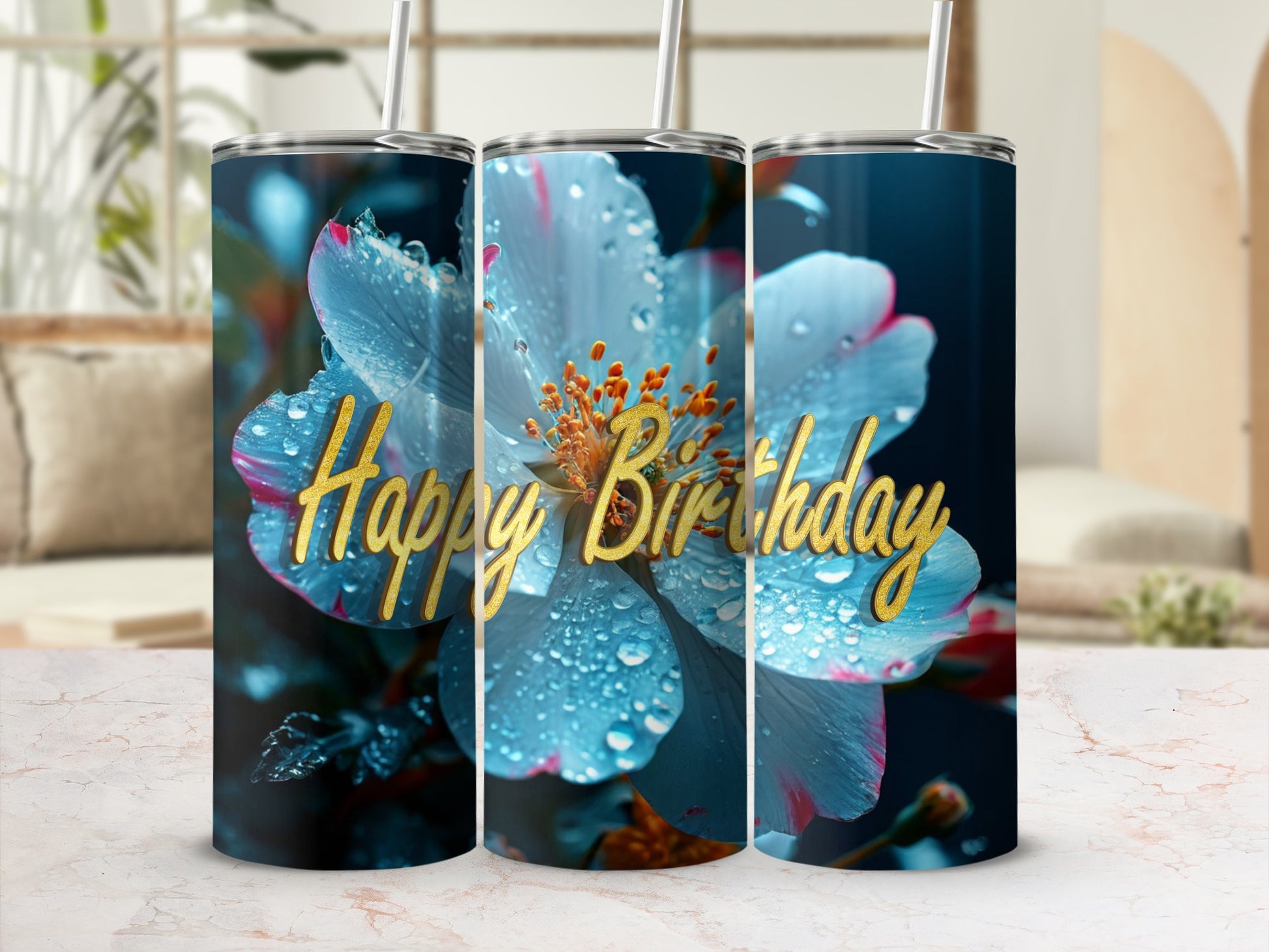 Blue flower tumbler with "Happy Birthday" text and water droplets.