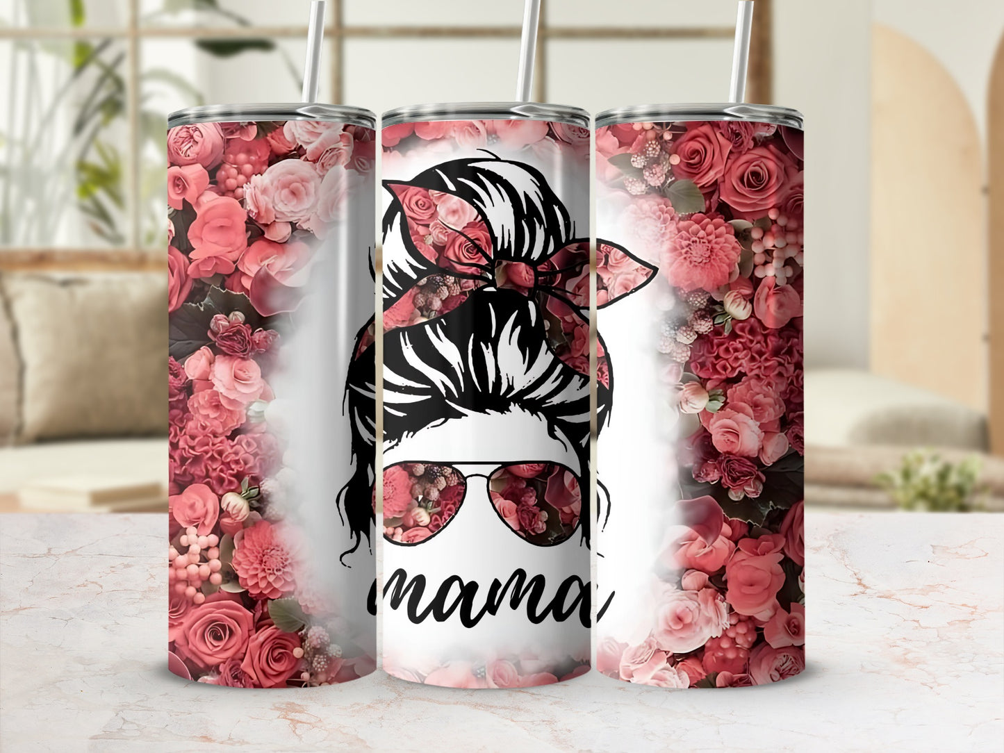 Floral Mama Design Tumbler with Straw and Roses