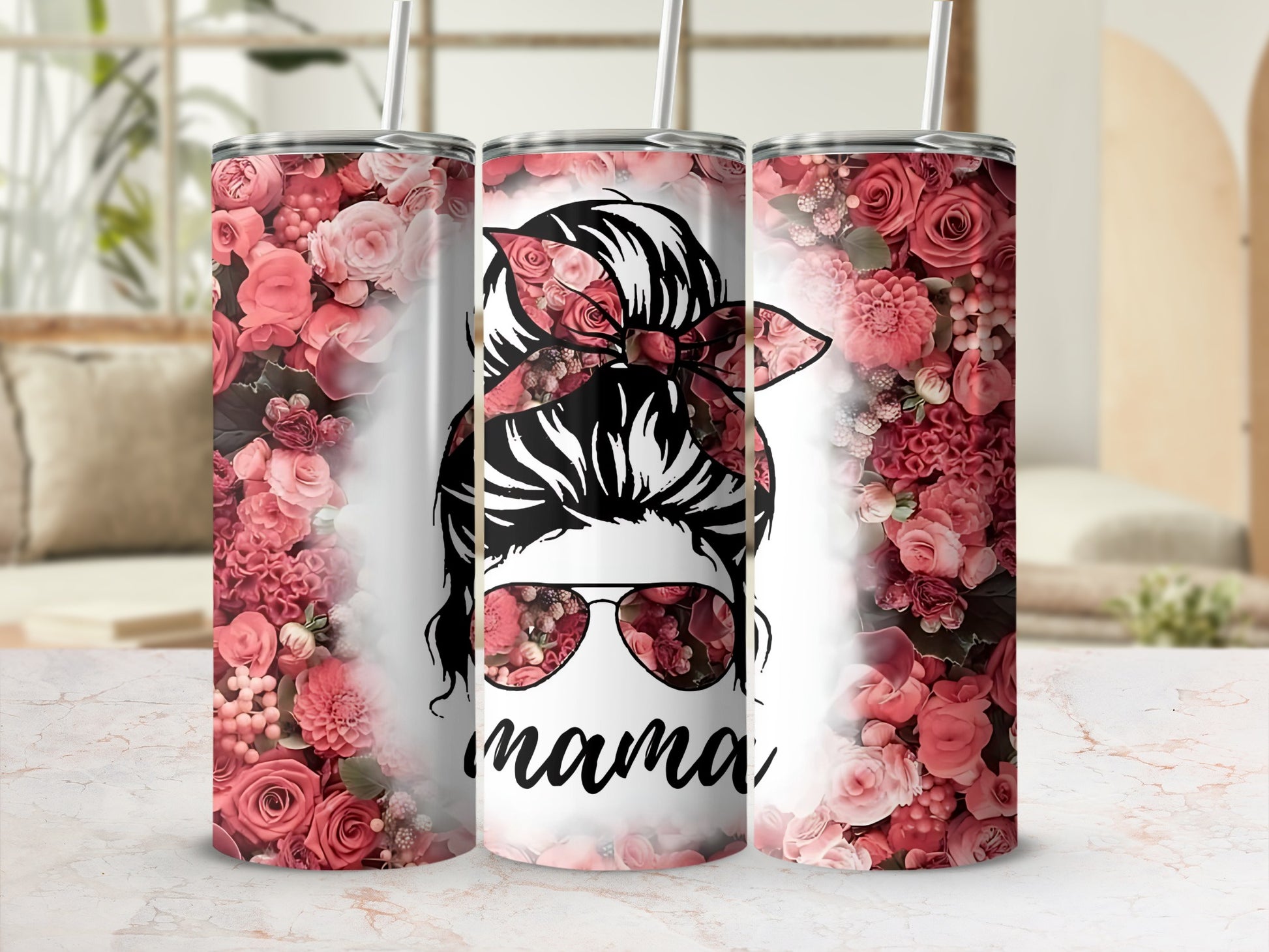 Floral Mama Design Tumbler with Straw and Roses