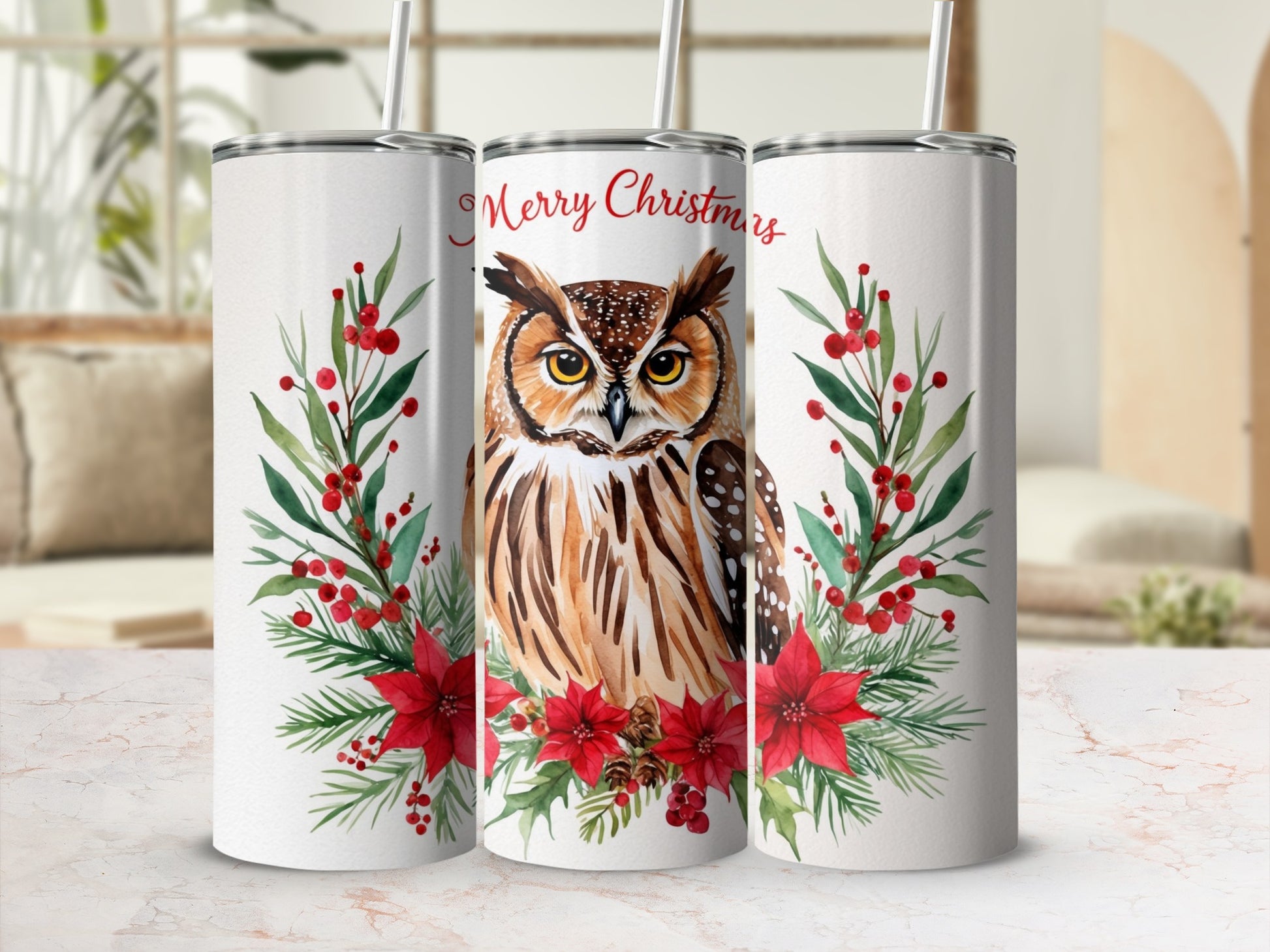White tumbler with owl and red poinsettias, reads "Merry Christmas".