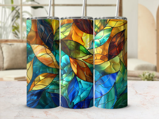 Three tumblers with stained glass leaf pattern.