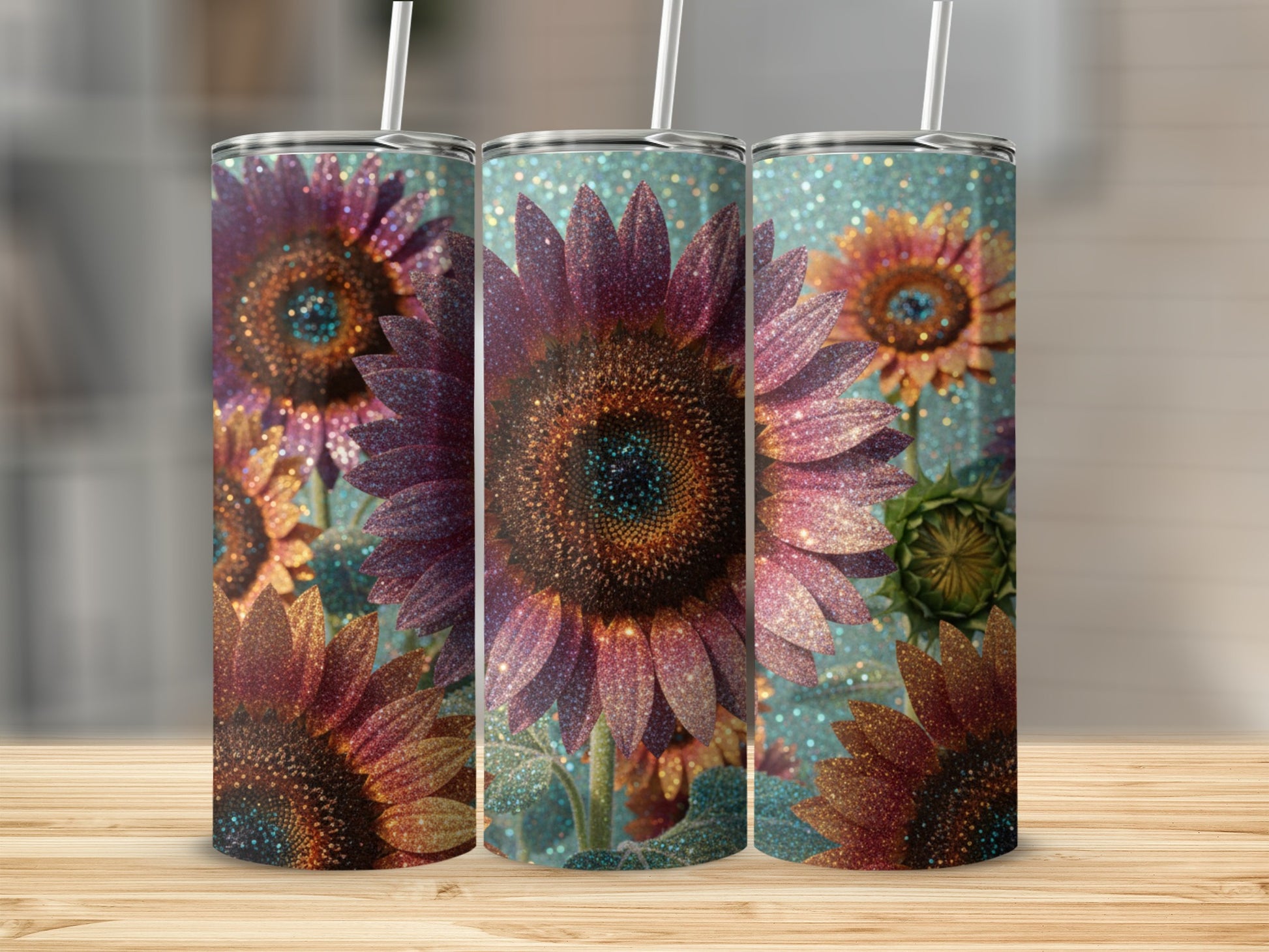 Glittery Sunflower Pattern Insulated Tumbler Flask