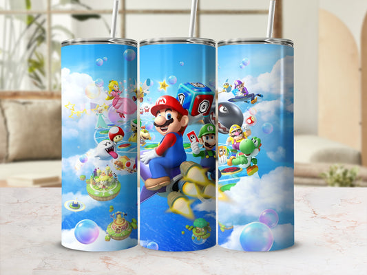 Super Mario characters and items on a sky-themed background with dice.