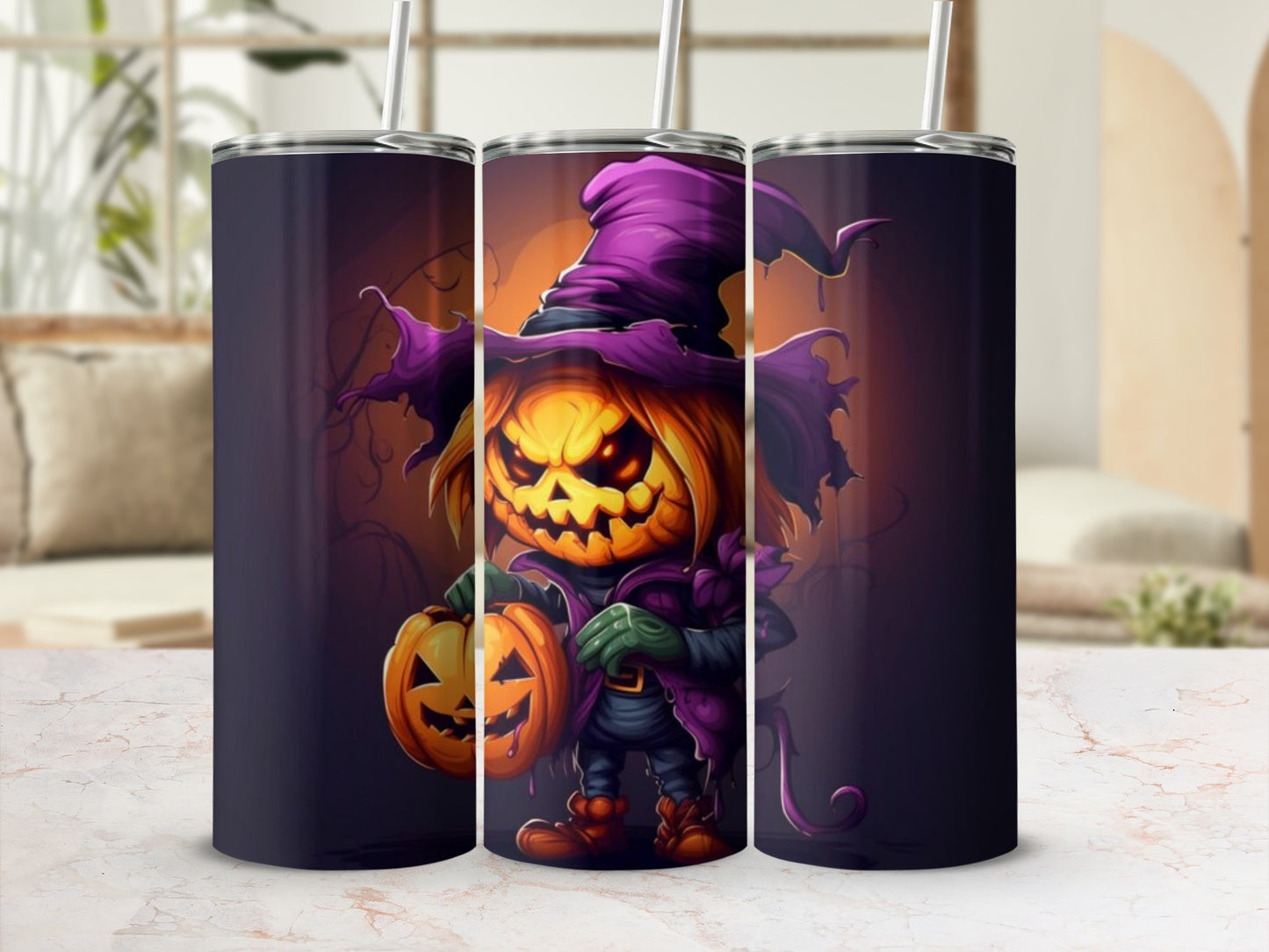 Tumbler design features a cartoon jack-o'-lantern character in a witch's hat holding a pumpkin.