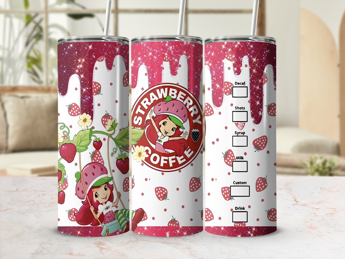 Pink strawberry drip tumbler with a cartoon strawberry girl and menu options.
