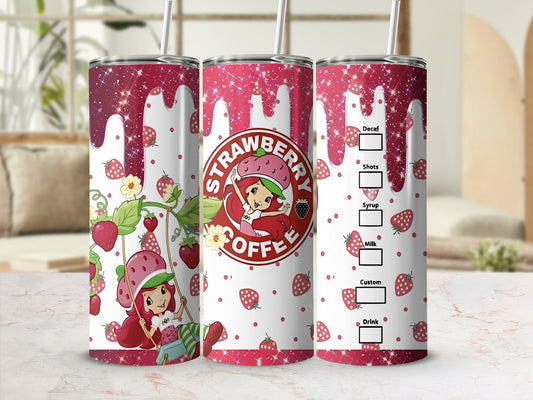 Pink strawberry drip tumbler with a cartoon strawberry girl and menu options.