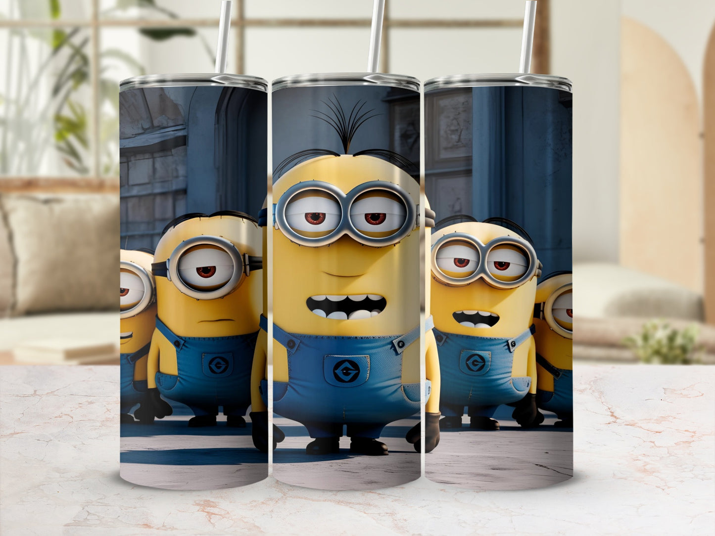 Minions in blue overalls with straw cups, seen from the chest up.