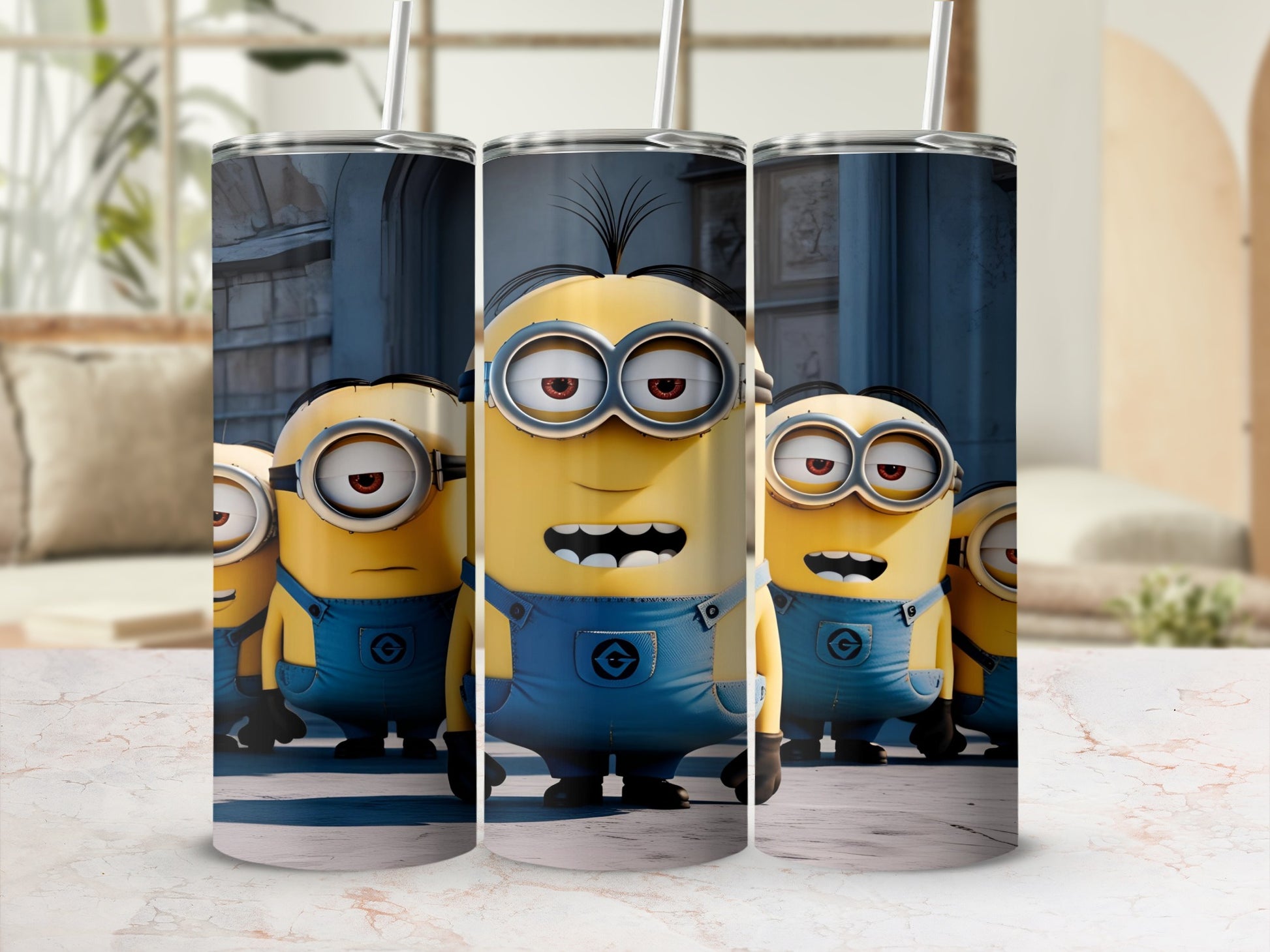 Minions in blue overalls with straw cups, seen from the chest up.