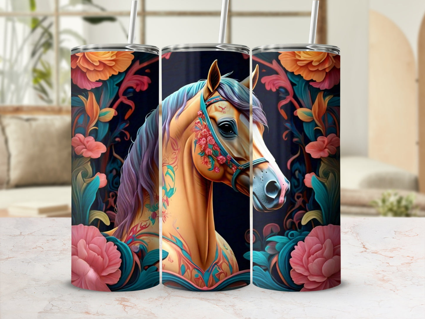 Vibrant Horse Art Tumbler Floral Design Flask