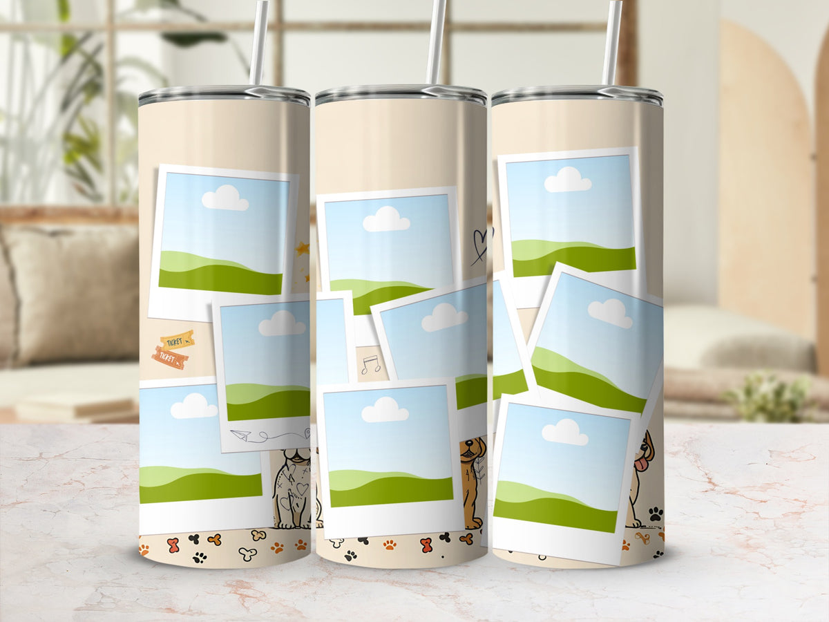Tumbler with collage of photo frames, dogs, paw prints, and ticket accents.